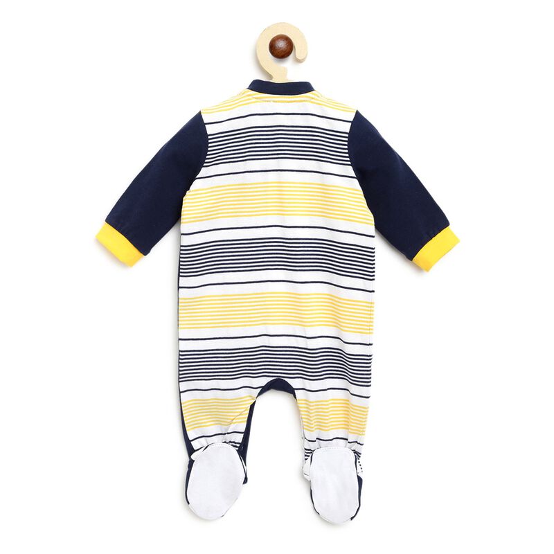 Boys Dark Blue Striped Front Opening Babysuit image number 1